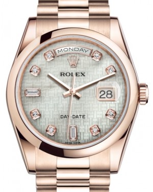 Rolex Day-Date 36 Rose Gold White Mother of Pearl with Oxford Motif Diamond Dial & Smooth Domed Bezel President Bracelet 118205 - BRAND NEW