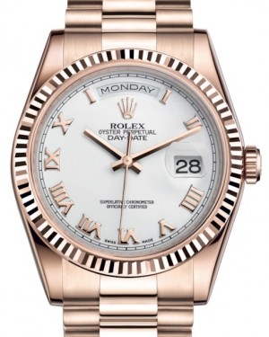 Rolex Day-Date 36 Rose Gold White Roman Dial & Fluted Bezel President Bracelet 118235 - BRAND NEW