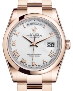 Rolex Day-Date 36 Rose Gold White Roman Dial & Smooth Domed Bezel Oyster Bracelet 118205 - BRAND NEW