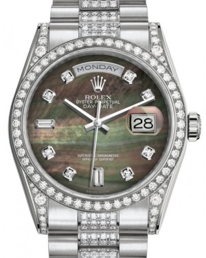 Rolex Day-Date 36 White Gold Black Mother of Pearl Diamond Dial & Diamond Set Case & Bezel Diamond Set President Bracelet 118389 - BRAND NEW