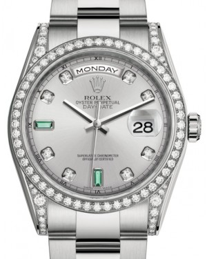 Rolex Day-Date 36 White Gold Rhodium Diamond & Emeralds Dial & Diamond Set Case & Bezel Oyster Bracelet 118389 - BRAND NEW