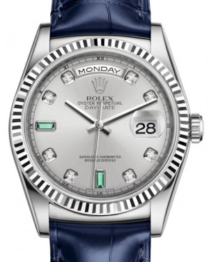 Rolex Day-Date 36 White Gold Rhodium Diamond & Emeralds Dial & Fluted Bezel Blue Leather Strap 118139 - BRAND NEW