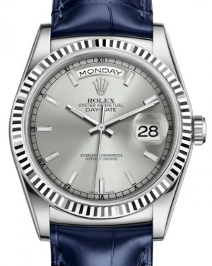Rolex Day-Date 36 White Gold Silver Index Dial & Fluted Bezel Blue Leather Strap 118139 - BRAND NEW