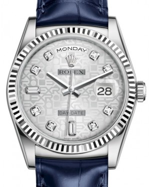 Rolex Day-Date 36 White Gold Silver Jubilee Diamond Dial & Fluted Bezel Blue Leather Strap 118139 - BRAND NEW