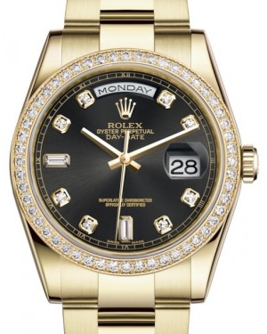 Rolex Day-Date 36 Yellow Gold Black Diamond Dial & Diamond Bezel Oyster Bracelet 118348 - BRAND NEW