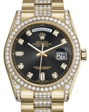 Rolex Day-Date 36 Yellow Gold Black Diamond Dial & Diamond Set Case & Bezel Diamond Set President Bracelet 118388 - BRAND NEW