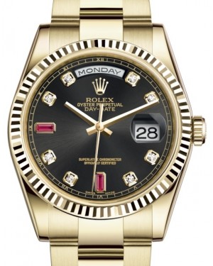 Rolex Day-Date 36 Yellow Gold Black Diamond & Rubies Dial & Fluted Bezel Oyster Bracelet 118238 - BRAND NEW