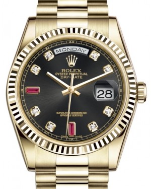 Rolex Day-Date 36 Yellow Gold Black Diamond & Rubies Dial & Fluted Bezel President Bracelet 118238 - BRAND NEW