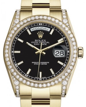Rolex Day-Date 36 Yellow Gold Black Index Dial & Diamond Set Case & Bezel Oyster Bracelet 118388 - BRAND NEW