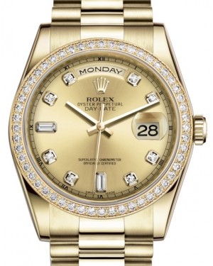 Rolex Day-Date 36 Yellow Gold Champagne Diamond Dial & Diamond Bezel President Bracelet 118348 - BRAND NEW