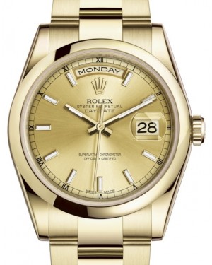 Rolex Day-Date 36 Yellow Gold Champagne Index Dial & Smooth Domed Bezel Oyster Bracelet 118208 - BRAND NEW