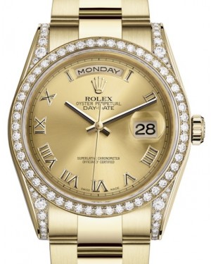 Rolex Day-Date 36 Yellow Gold Champagne Roman Dial & Diamond Set Case & Bezel Oyster Bracelet 118388 - BRAND NEW