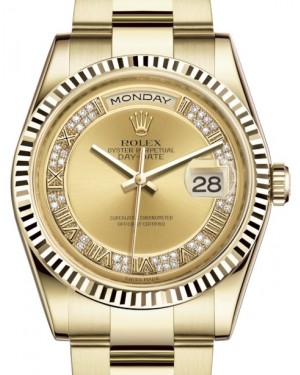 Rolex Day-Date 36 Yellow Gold Champagne Set with Diamonds Roman Dial & Fluted Bezel Oyster Bracelet 118238 - BRAND NEW