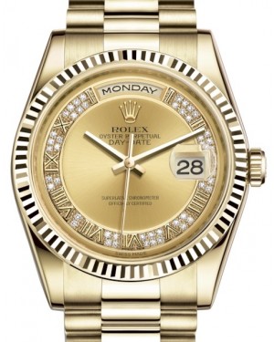 Rolex Day-Date 36 Yellow Gold Champagne Set with Diamonds Roman Dial & Fluted Bezel President Bracelet 118238 - BRAND NEW