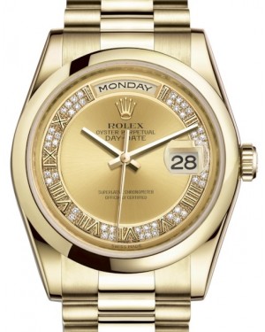 Rolex Day-Date 36 Yellow Gold Champagne Set with Diamonds Roman Dial & Smooth Domed Bezel President Bracelet 118208 - BRAND NEW