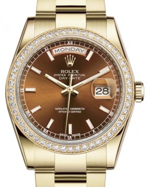 Rolex Day-Date 36 Yellow Gold Cognac Index Dial & Diamond Bezel Oyster Bracelet 118348 - BRAND NEW