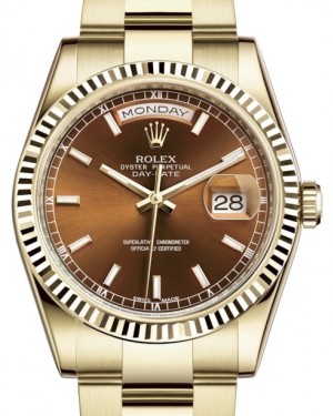 Rolex Day-Date 36 Yellow Gold Cognac Index Dial & Fluted Bezel Oyster Bracelet 118238 - BRAND NEW
