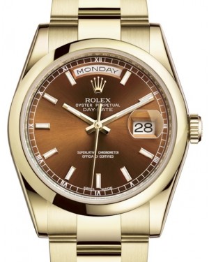 Rolex Day-Date 36 Yellow Gold Cognac Index Dial & Smooth Domed Bezel Oyster Bracelet 118208 - BRAND NEW