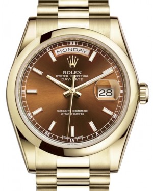 Rolex Day-Date 36 Yellow Gold Cognac Index Dial & Smooth Domed Bezel President Bracelet 118208 - BRAND NEW