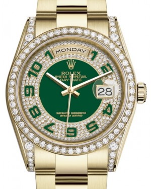 Rolex Day-Date 36 Yellow Gold Green Diamond Paved Arabic Dial & Diamond Set Case & Bezel Oyster Bracelet 118388 - BRAND NEW