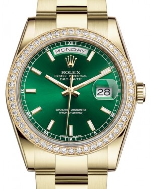 Rolex Day-Date 36 Yellow Gold Green Index Dial & Diamond Bezel Oyster Bracelet 118348 - BRAND NEW