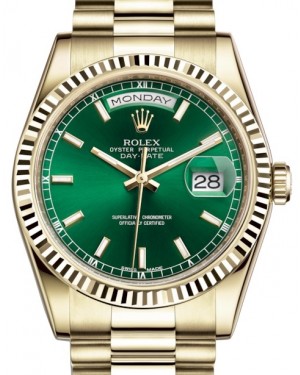 Rolex Day-Date 36 Yellow Gold Green Index Dial & Fluted Bezel President Bracelet 118238 - PRE OWNED