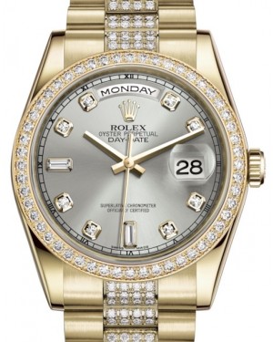 Rolex Day-Date 36 Yellow Gold Silver Diamond Dial & Diamond Bezel Diamond Set President Bracelet 118348 - BRAND NEW