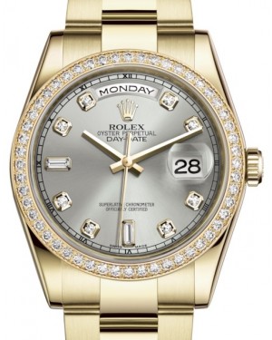 Rolex Day-Date 36 Yellow Gold Silver Diamond Dial & Diamond Bezel Oyster Bracelet 118348 - BRAND NEW