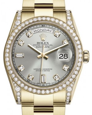 Rolex Day-Date 36 Yellow Gold Silver Diamond Dial & Diamond Set Case & Bezel Oyster Bracelet 118388 - BRAND NEW