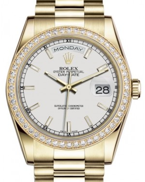 Rolex Day-Date 36 Yellow Gold White Index Dial & Diamond Bezel President Bracelet 118348 - BRAND NEW