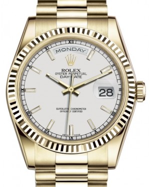 Rolex Day-Date 36 Yellow Gold White Index Dial & Fluted Bezel President Bracelet 118238 - BRAND NEW