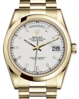 Rolex Day-Date 36 Yellow Gold White Index Dial & Smooth Domed Bezel President Bracelet 118208 - BRAND NEW