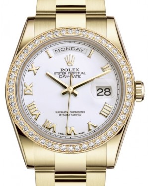 Rolex Day-Date 36 Yellow Gold White Roman Dial & Diamond Bezel Oyster Bracelet 118348 - BRAND NEW