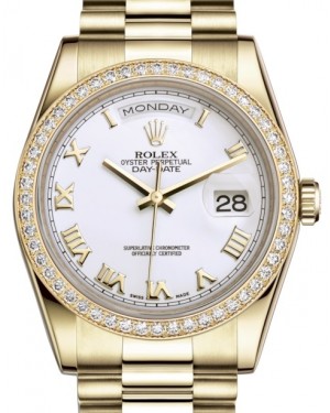 Rolex Day-Date 36 Yellow Gold White Roman Dial & Diamond Bezel President Bracelet 118348 - BRAND NEW