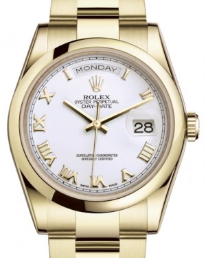 Rolex Day-Date 36 Yellow Gold White Roman Dial & Smooth Domed Bezel Oyster Bracelet 118208 - BRAND NEW