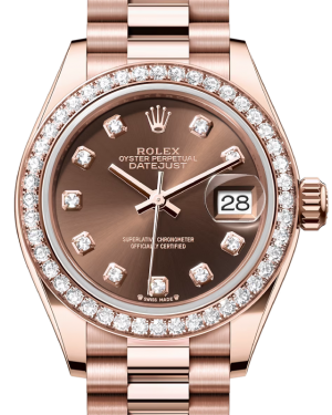 Rolex Lady Datejust 28 Rose Gold Chocolate Diamond Dial & Diamond Bezel President Bracelet 279135RBR - BRAND NEW