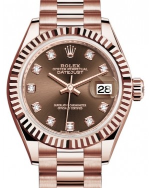 Rolex Lady Datejust 28 Rose Gold Chocolate Diamond Dial & Fluted Bezel President Bracelet 279175 - BRAND NEW