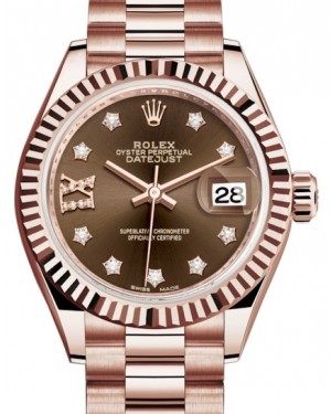 Rolex Lady Datejust 28 Rose Gold Chocolate Diamond IX Dial & Fluted Bezel President Bracelet 279175 - BRAND NEW