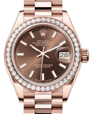 Rolex Lady Datejust 28 Rose Gold Chocolate Index Dial & Diamond Bezel President Bracelet 279135RBR - BRAND NEW