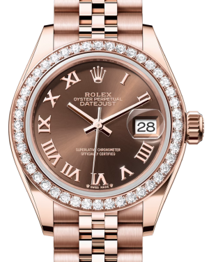 Rolex Lady Datejust 28 Rose Gold Chocolate Roman Dial & Diamond Bezel Jubilee Bracelet 279135RBR - BRAND NEW