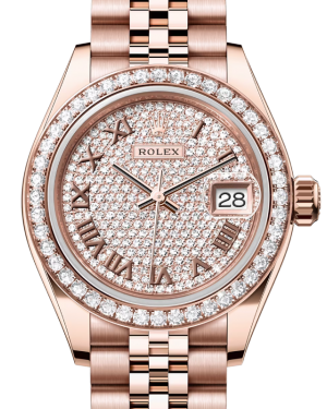 Rolex Lady Datejust 28 Rose Gold Diamond Paved Roman Dial & Diamond Bezel Jubilee Bracelet 279135RBR - BRAND NEW