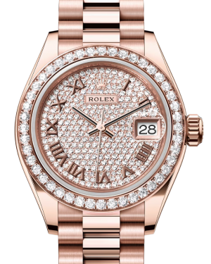 Rolex Lady Datejust 28 Rose Gold Diamond Paved Roman Dial & Diamond Bezel President Bracelet 279135RBR - BRAND NEW