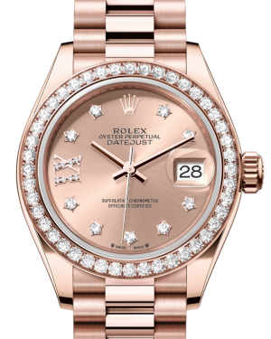 Rolex Lady Datejust 28 Rose Gold Rose Diamond IX Dial & Diamond Bezel President Bracelet 279135RBR - BRAND NEW