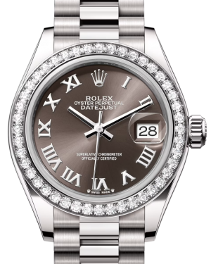 Rolex Lady Datejust 28 White Gold Dark Grey Roman Dial & Diamond Bezel President Bracelet 279139RBR - BRAND NEW