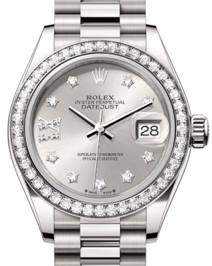 Rolex Lady Datejust 28 White Gold Silver Diamond IX Dial & Diamond Bezel President Bracelet 279139RBR - BRAND NEW