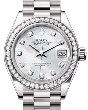 Rolex Lady Datejust 28 White Gold White Mother of Pearl Diamond Dial & Diamond Bezel President Bracelet 279139RBR - BRAND NEW
