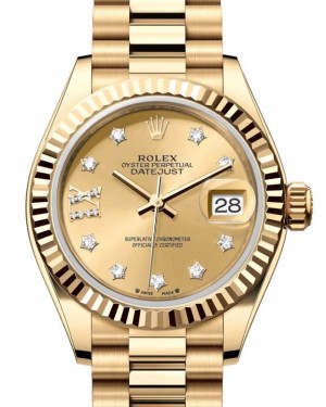 Rolex Lady Datejust 28 Yellow Gold Champagne Diamond IX Dial & Fluted Bezel President Bracelet 279178 - BRAND NEW