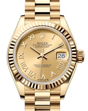Rolex Lady Datejust 28 Yellow Gold Champagne Roman Dial & Fluted Bezel President Bracelet 279178 - BRAND NEW