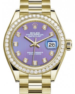 Rolex Lady Datejust 28 Yellow Gold Lavender Diamond Dial & Diamond Bezel President Bracelet 279138RBR - BRAND NEW