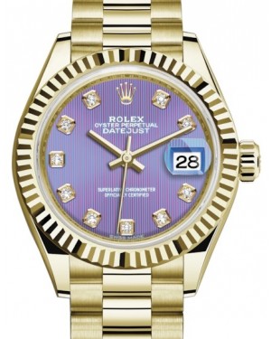 Rolex Lady Datejust 28 Yellow Gold Lavender Diamond Dial & Fluted Bezel President Bracelet 279178 - BRAND NEW